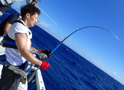 トローリングでシロカジキを釣っている男性