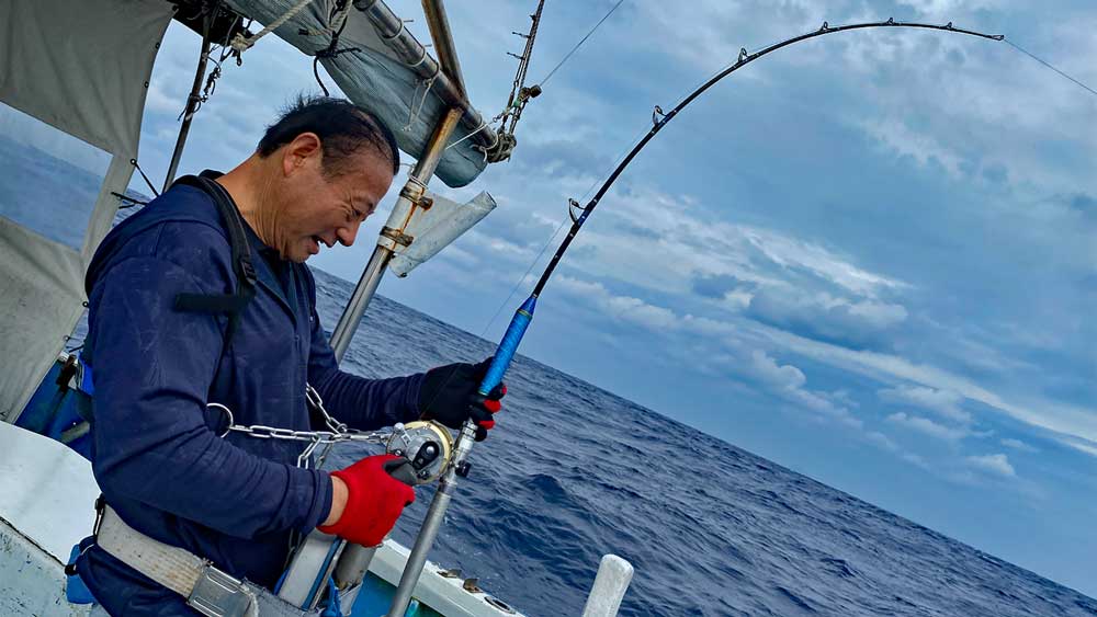 トローリングンでシロカジキ(Blsack Marlin)釣りをしている男性