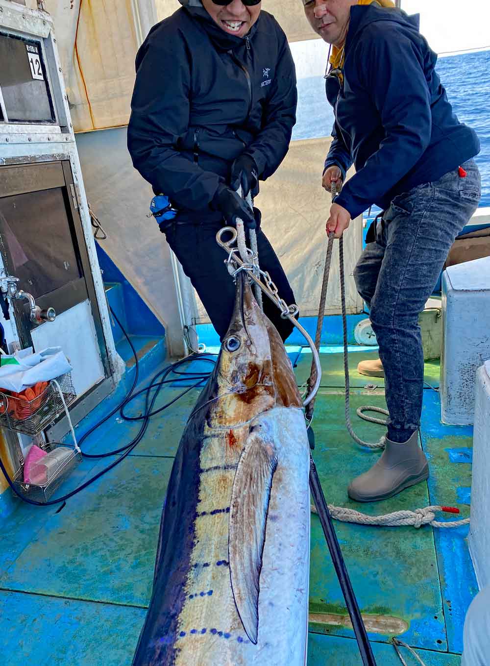 沖縄のトローリングで掛かったバショウカジキを船に引き上げている二人の男性