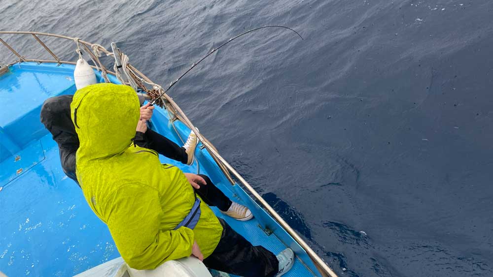 タイラバでアオチビキ釣りをしている男性