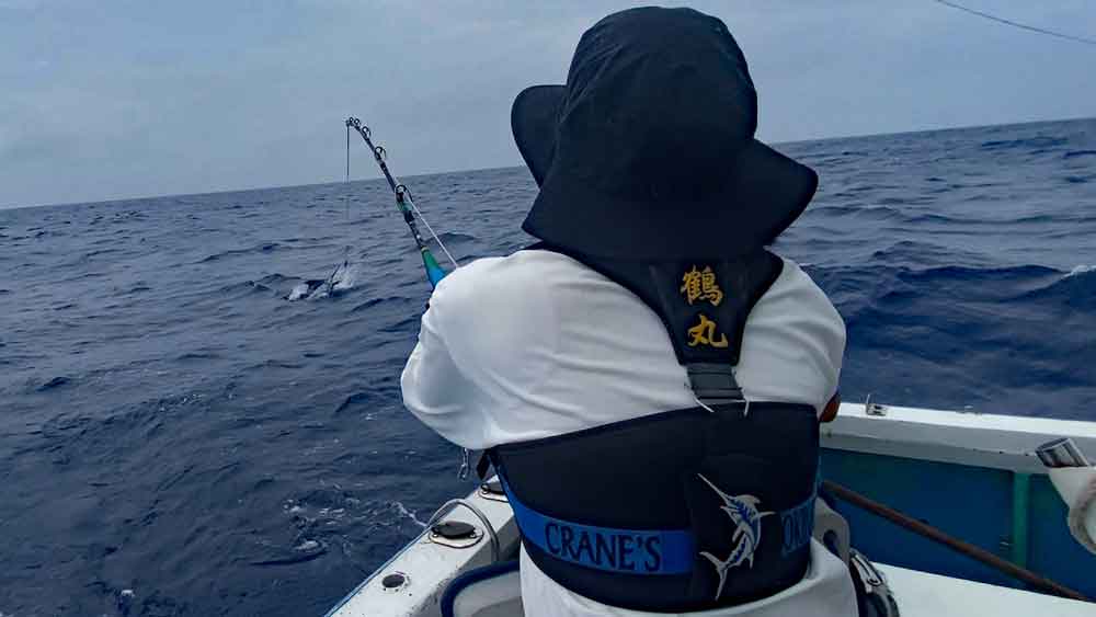 カジキ釣りをしている女性の前方で水面から飛び出したカジキ